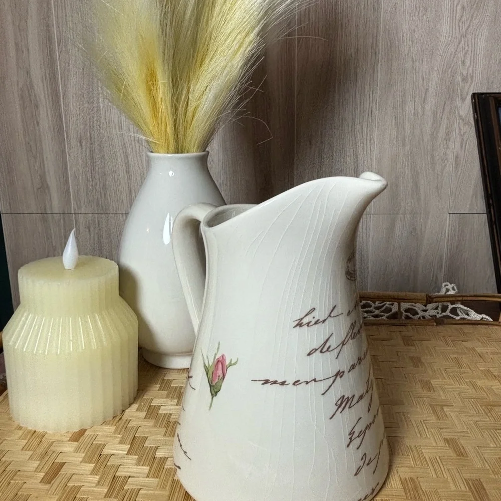 Teleflora Gift Shabby Chic Pink Rose FloralE White Ceramic Pitcher Vase